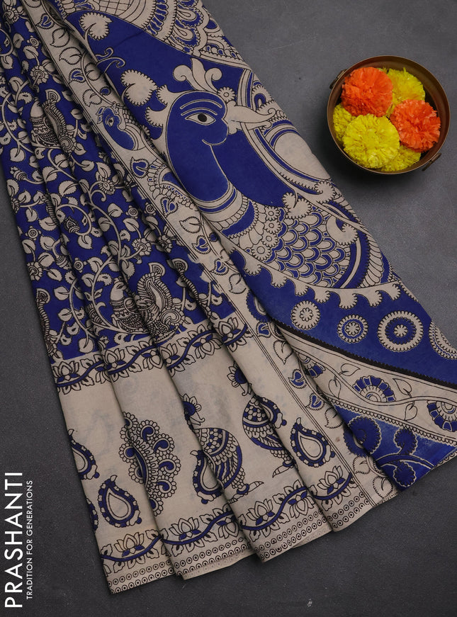 Kalamkari cotton saree teal blue and beige with allover prints and long printed border