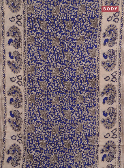 Kalamkari cotton saree teal blue and beige with allover prints and long printed border