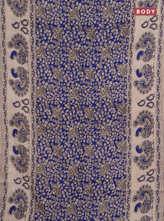 Kalamkari cotton saree teal blue and beige with allover prints and long printed border