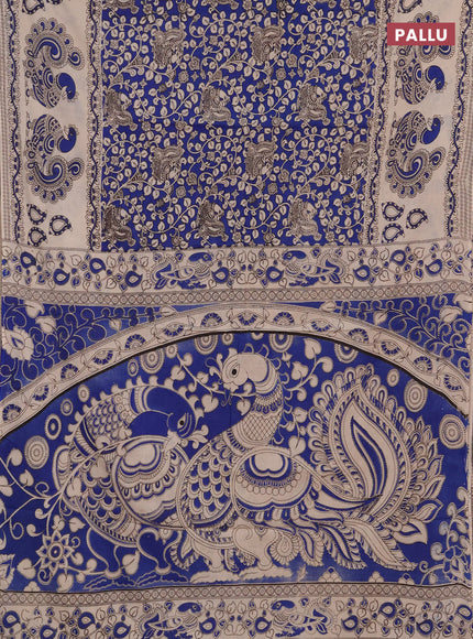 Kalamkari cotton saree teal blue and beige with allover prints and long printed border