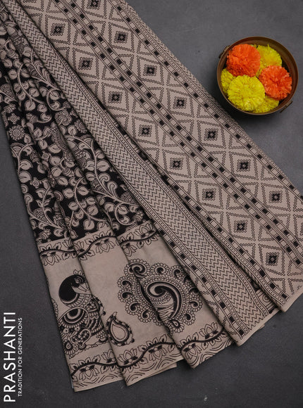 Kalamkari cotton saree black and beige with allover prints and long printed border