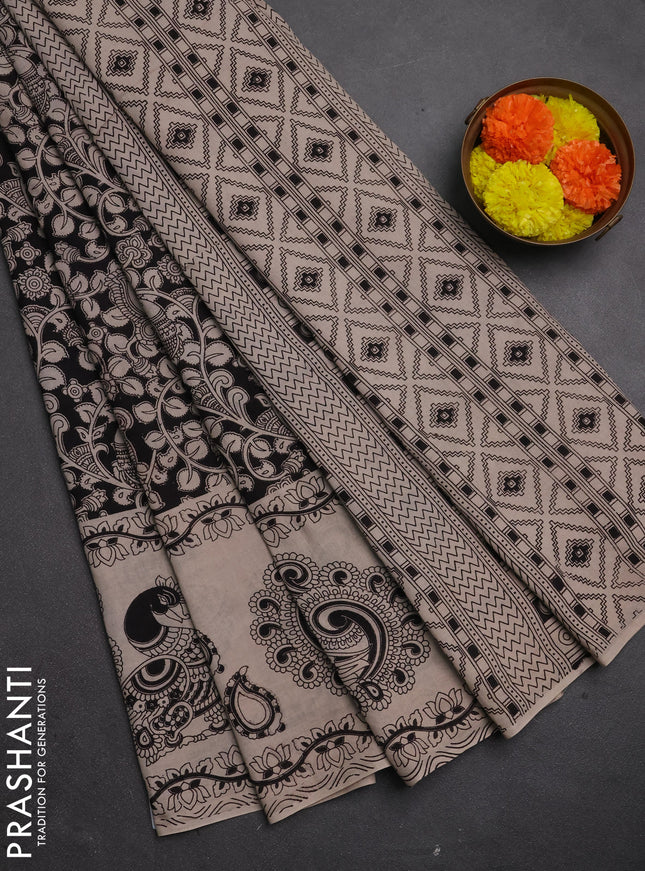 Kalamkari cotton saree black and beige with allover prints and long printed border