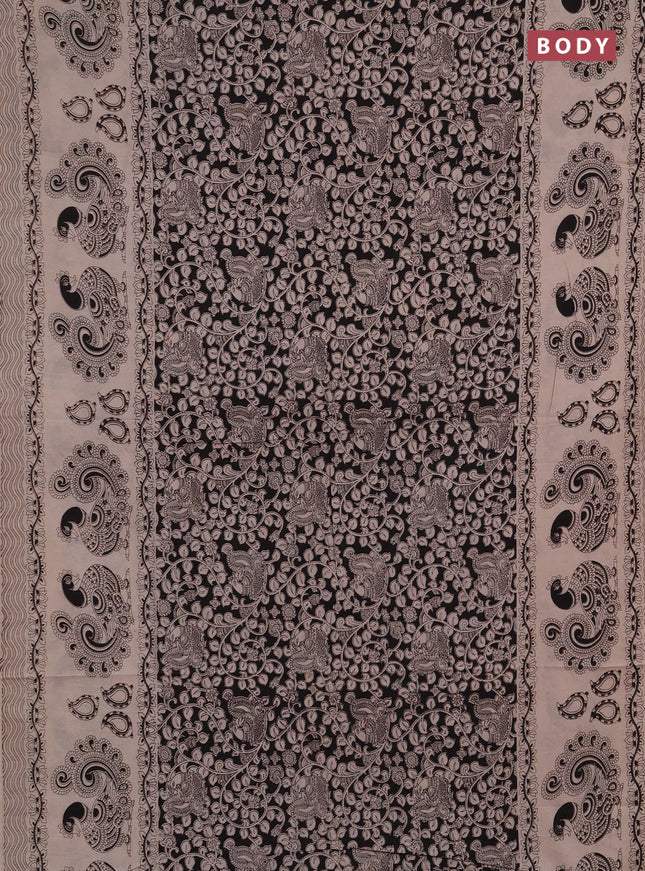 Kalamkari cotton saree black and beige with allover prints and long printed border