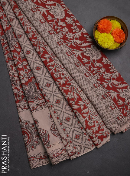 Kalamkari cotton saree maroon and beige with allover prints and long printed border