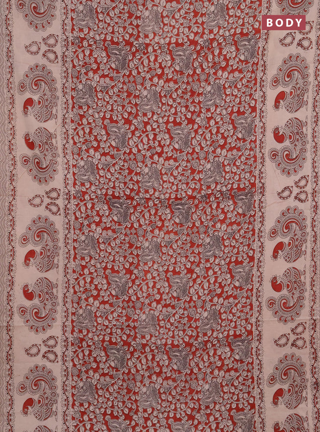 Kalamkari cotton saree maroon and beige with allover prints and long printed border