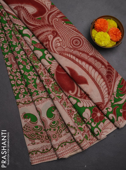 Kalamkari cotton saree green and beige with allover prints and long printed border