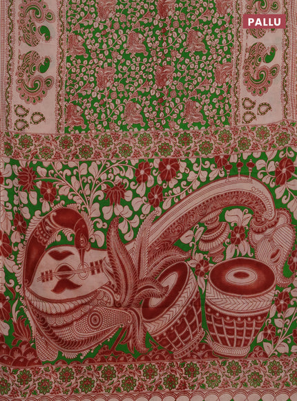 Kalamkari cotton saree green and beige with allover prints and long printed border