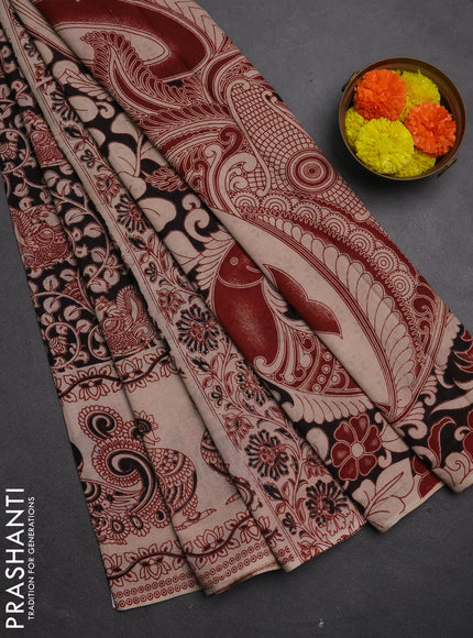 Kalamkari cotton saree black and maroon with allover prints and long printed border