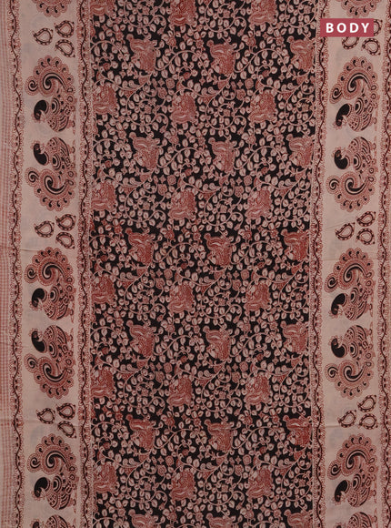 Kalamkari cotton saree black and maroon with allover prints and long printed border