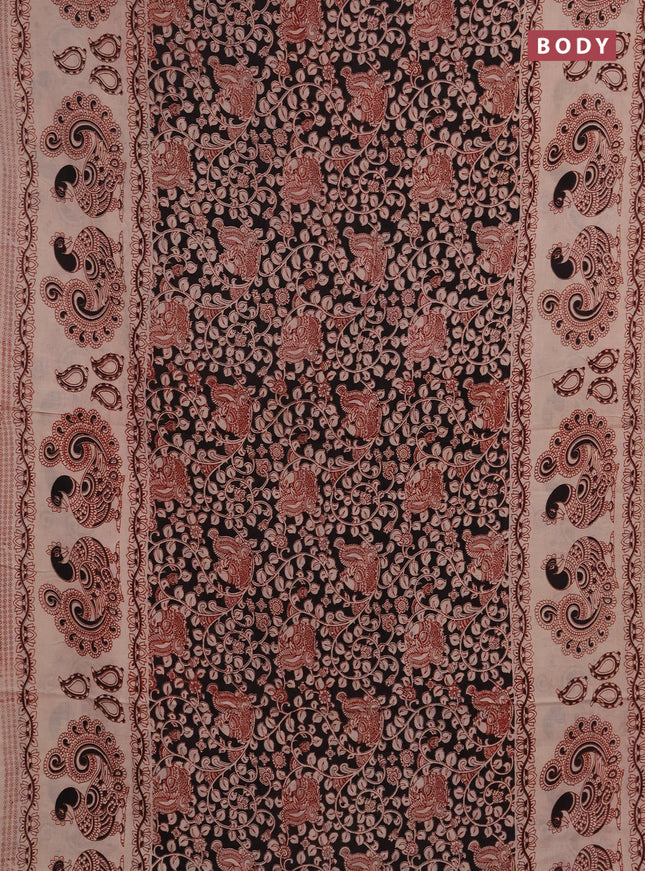Kalamkari cotton saree black and maroon with allover prints and long printed border