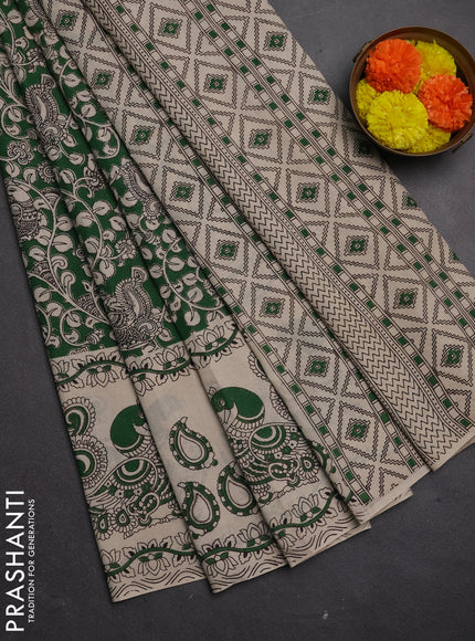 Kalamkari cotton saree green and beige with allover prints and long printed border