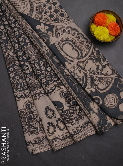 Kalamkari cotton saree dark grey and beige with allover prints and long printed border