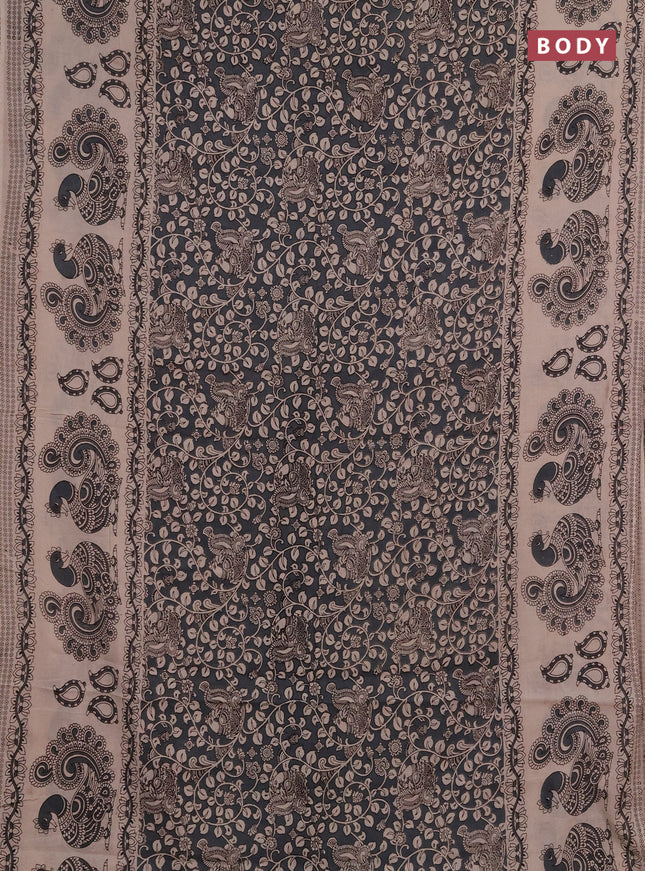Kalamkari cotton saree dark grey and beige with allover prints and long printed border