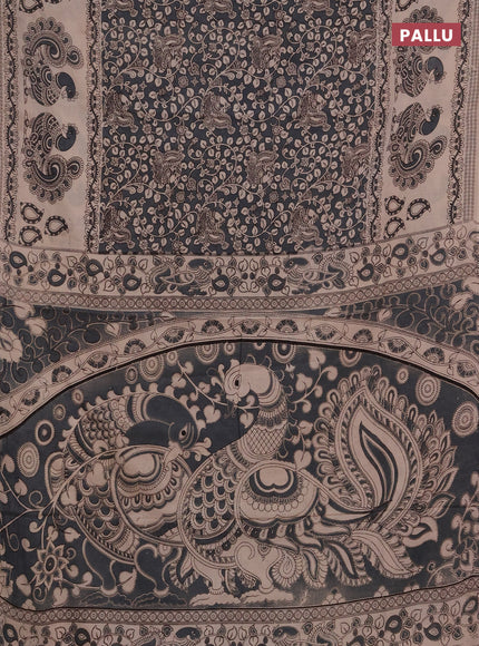 Kalamkari cotton saree dark grey and beige with allover prints and long printed border
