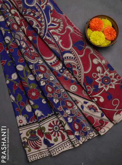 Kalamkari cotton saree blue and beige with allover prints and printed border