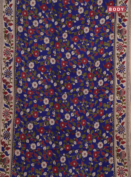 Kalamkari cotton saree blue and beige with allover prints and printed border