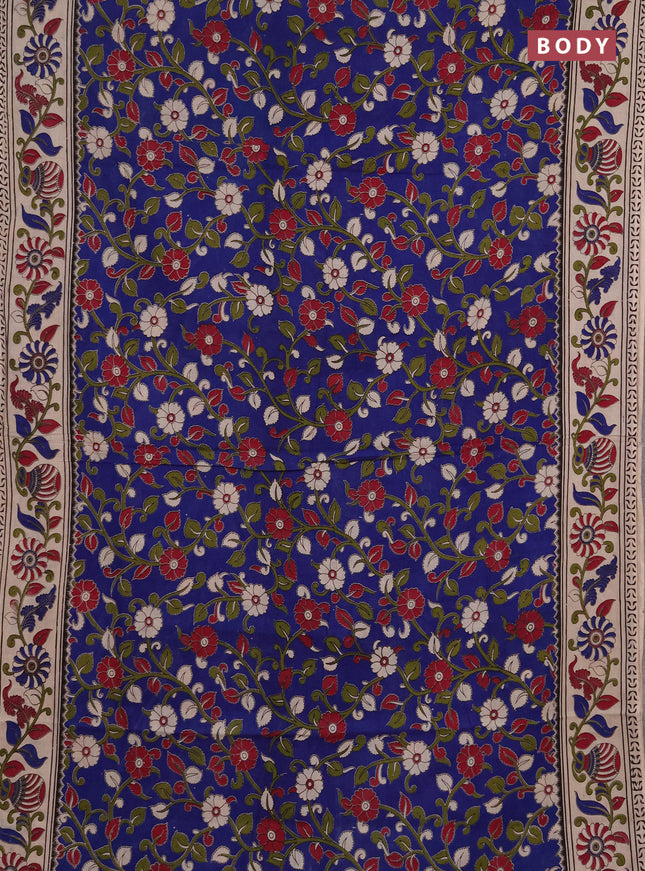 Kalamkari cotton saree blue and beige with allover prints and printed border