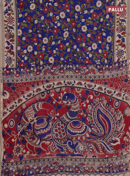 Kalamkari cotton saree blue and beige with allover prints and printed border