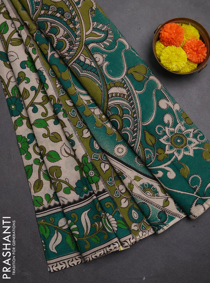 Kalamkari cotton saree beige and green with allover prints and printed border