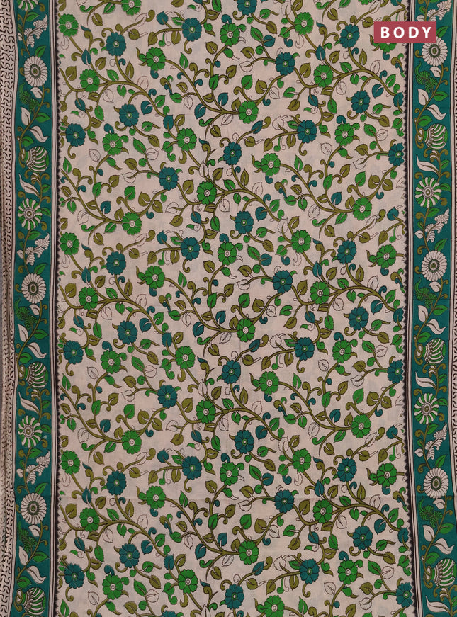 Kalamkari cotton saree beige and green with allover prints and printed border