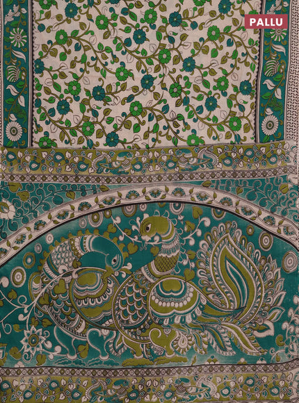 Kalamkari cotton saree beige and green with allover prints and printed border