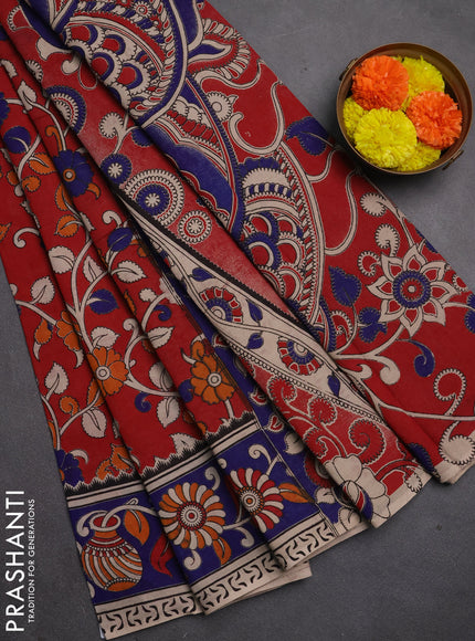 Kalamkari cotton saree red and blue with allover prints and printed border