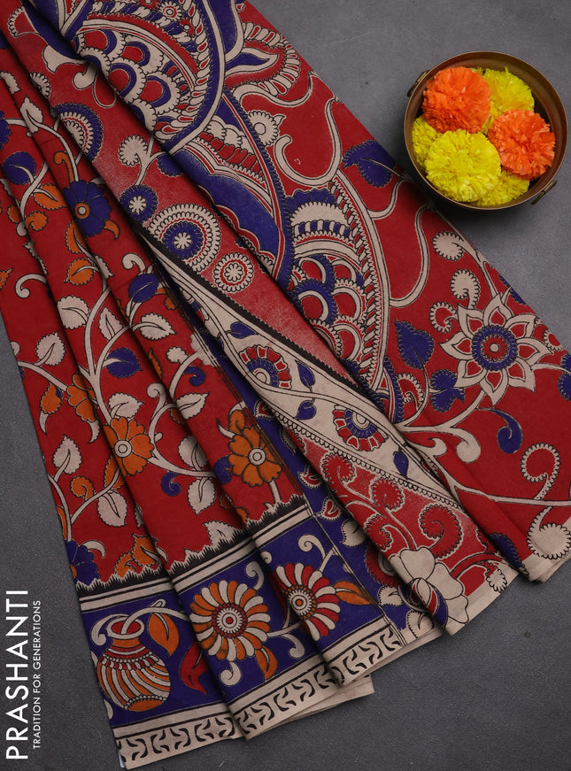Kalamkari cotton saree red and blue with allover prints and printed border