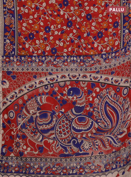 Kalamkari cotton saree red and blue with allover prints and printed border