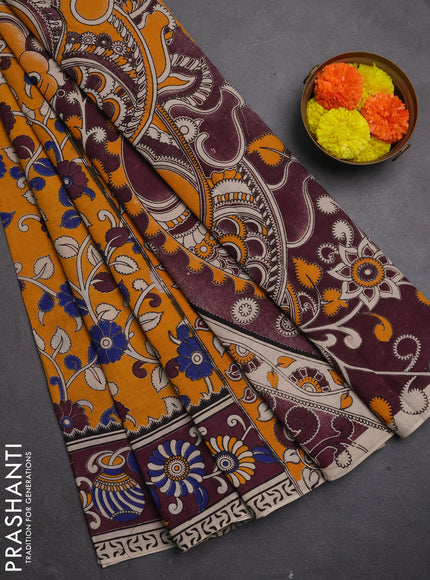 Kalamkari cotton saree mango yellow and wine shade with allover prints and printed border