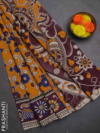 Kalamkari cotton saree mango yellow and wine shade with allover prints and printed border