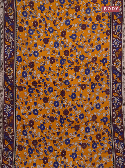 Kalamkari cotton saree mango yellow and wine shade with allover prints and printed border