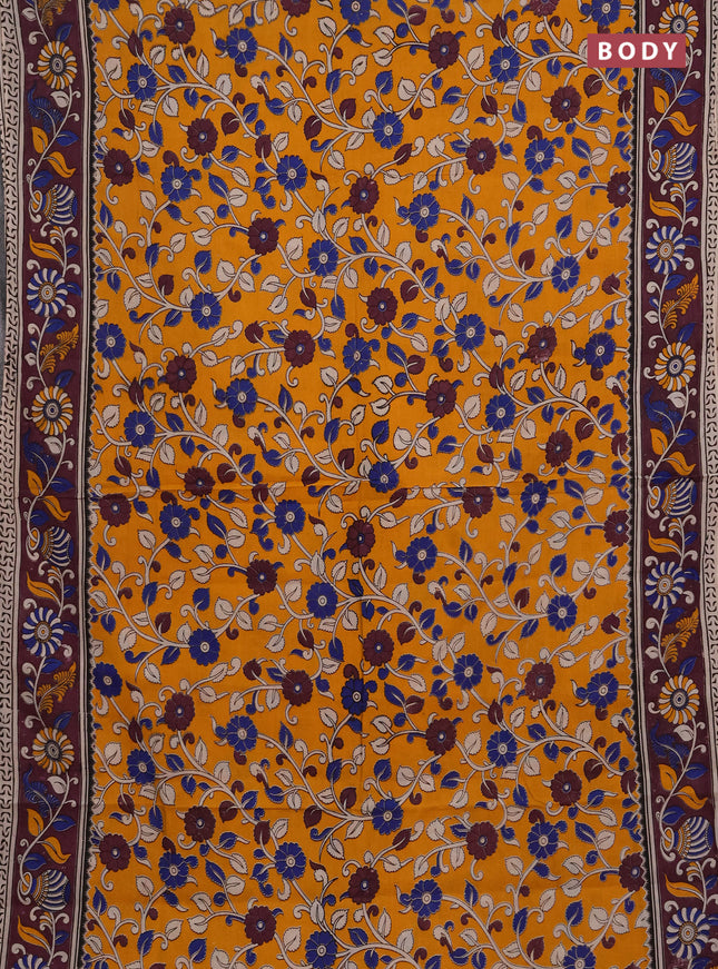 Kalamkari cotton saree mango yellow and wine shade with allover prints and printed border
