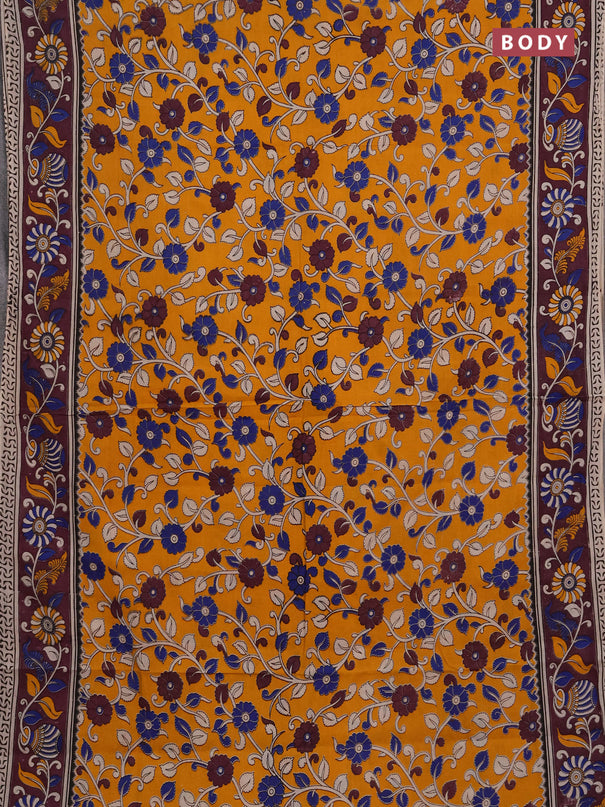 Kalamkari cotton saree mango yellow and wine shade with allover prints and printed border