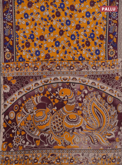 Kalamkari cotton saree mango yellow and wine shade with allover prints and printed border