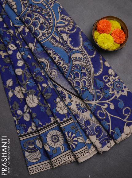 Kalamkari cotton saree blue with allover prints and printed border