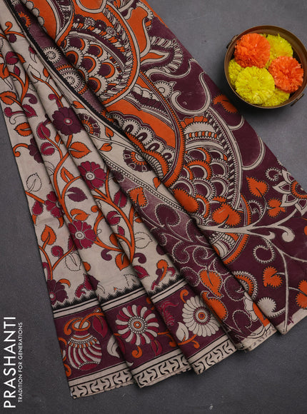 Kalamkari cotton saree beige and wine shade with allover prints and printed border