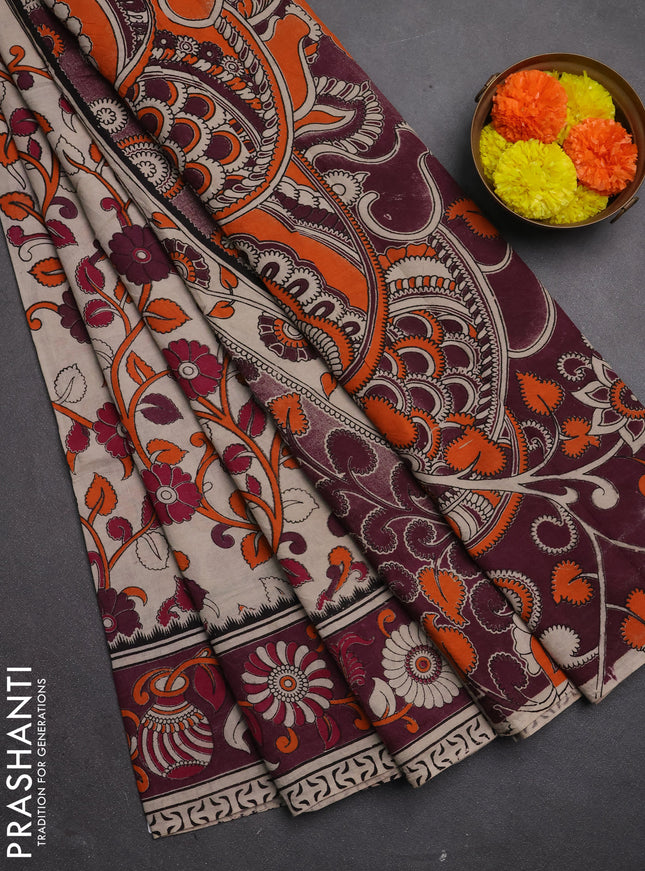 Kalamkari cotton saree beige and wine shade with allover prints and printed border