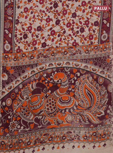 Kalamkari cotton saree beige and wine shade with allover prints and printed border