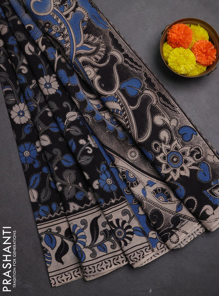 Kalamkari cotton saree black and beige with allover prints and printed border