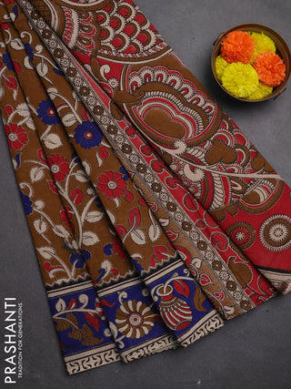 Kalamkari cotton saree dark mustard and blue with allover prints and printed border