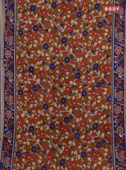 Kalamkari cotton saree dark mustard and blue with allover prints and printed border