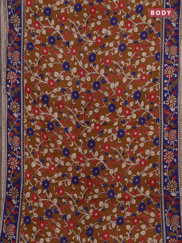 Kalamkari cotton saree dark mustard and blue with allover prints and printed border