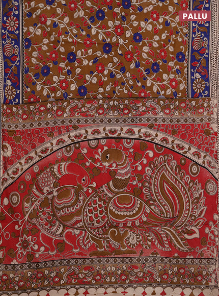 Kalamkari cotton saree dark mustard and blue with allover prints and printed border