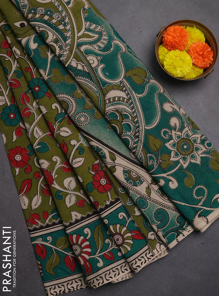 Kalamkari cotton saree sap green and green with allover prints and printed border