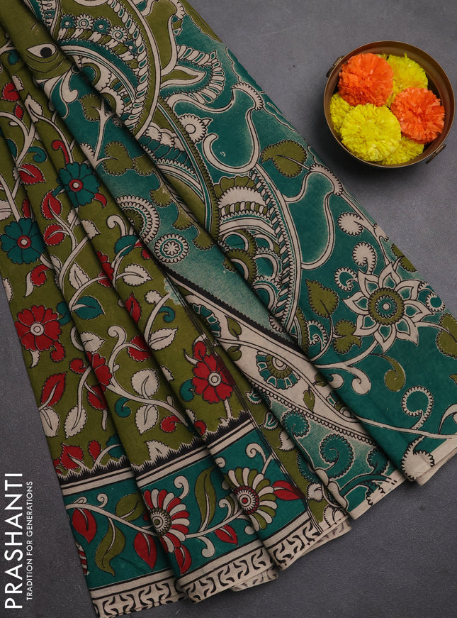 Kalamkari cotton saree sap green and green with allover prints and printed border