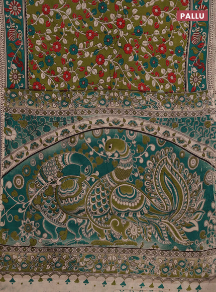 Kalamkari cotton saree sap green and green with allover prints and printed border