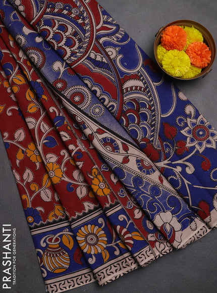 Kalamkari cotton saree maroon and blue with allover prints and printed border