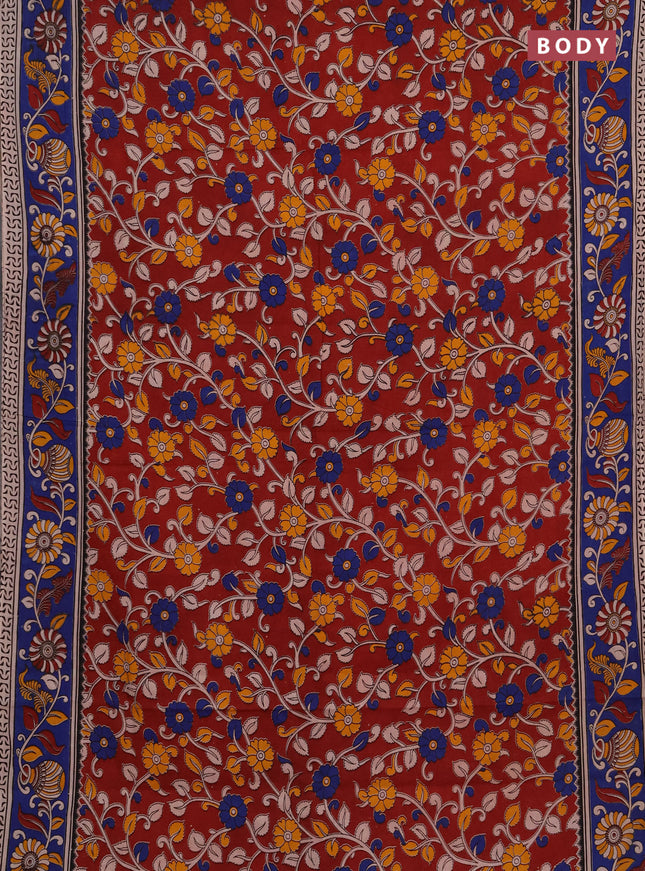 Kalamkari cotton saree maroon and blue with allover prints and printed border
