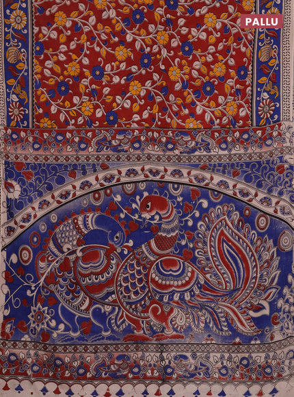 Kalamkari cotton saree maroon and blue with allover prints and printed border