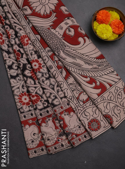 Kalamkari cotton saree black and maroon with allover prints and pichwai printed border